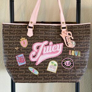 Juicy Couture “Run The World” Logo Patch Tote Bag Pink Brown Y2K Shoulder Bag